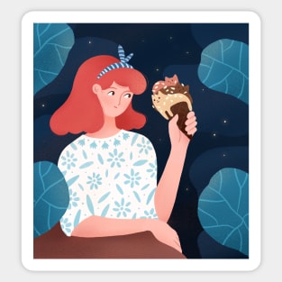 Cute girl with ice cream plants and cats, version 1 Sticker